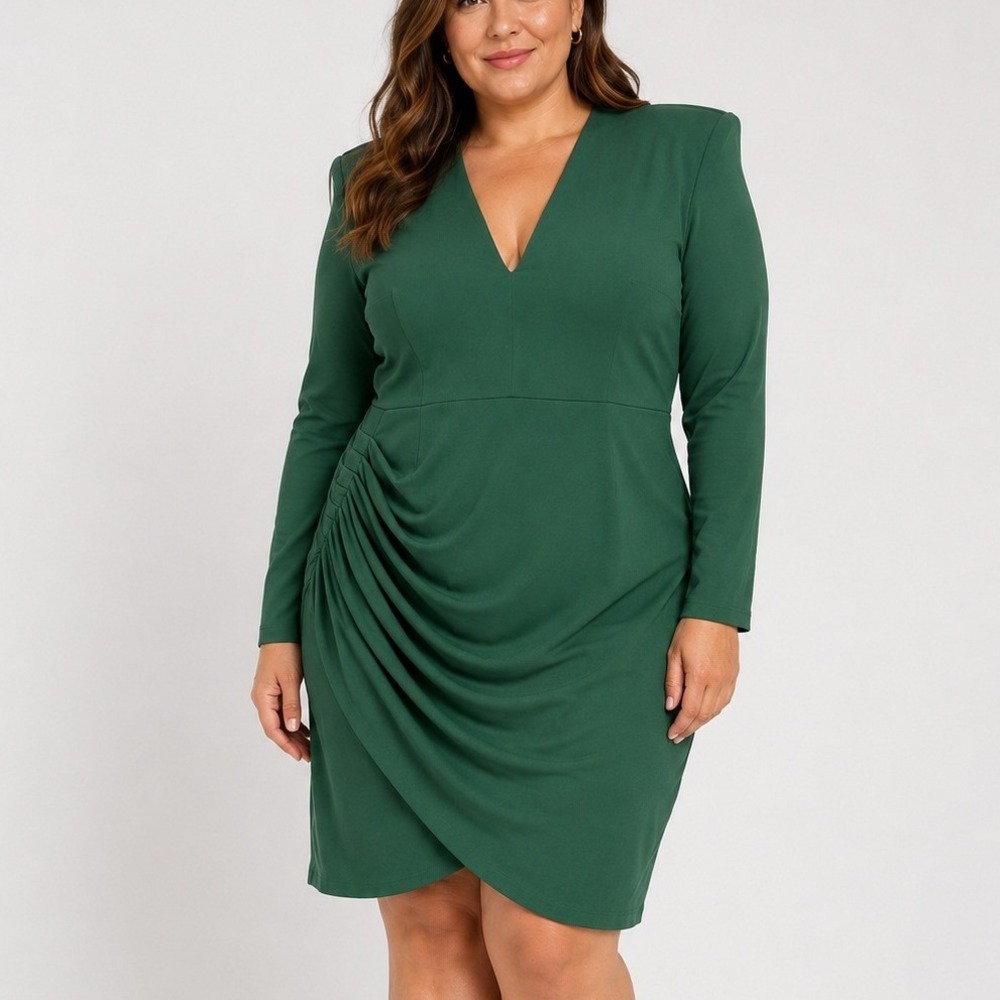 Eloquii Ruched V-Neck Sheath Dress 16 Green Long Sleeve Party Wedding Guest Chic